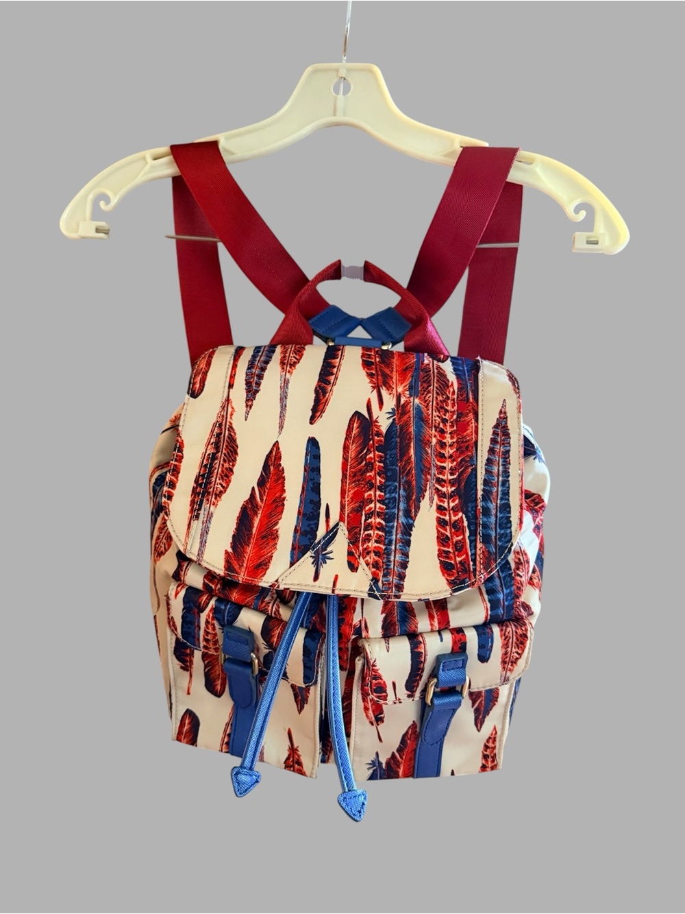 Sam Edelman Feather-Print Mini Backpack - Red & Blue on Cream NWOT